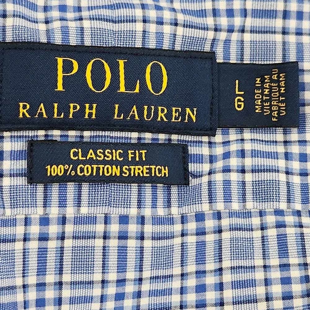 Polo Ralph Lauren Shirt Mens Large Blue Plaid Classic Fit Cotton Stretch Button